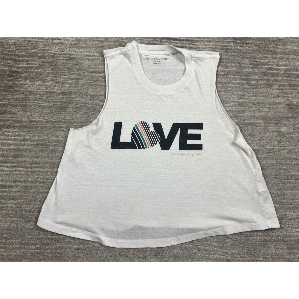 Spiritual Gangster Tank Top Womens Medium White Love Heart Muscle Crop Graphic